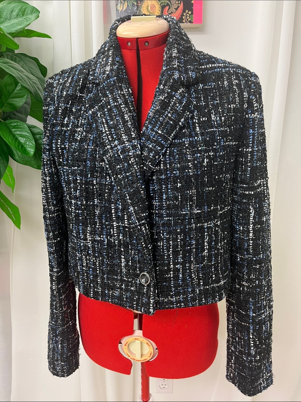 Cropped Black & Blue Tweed Blazer Jacket - Women
